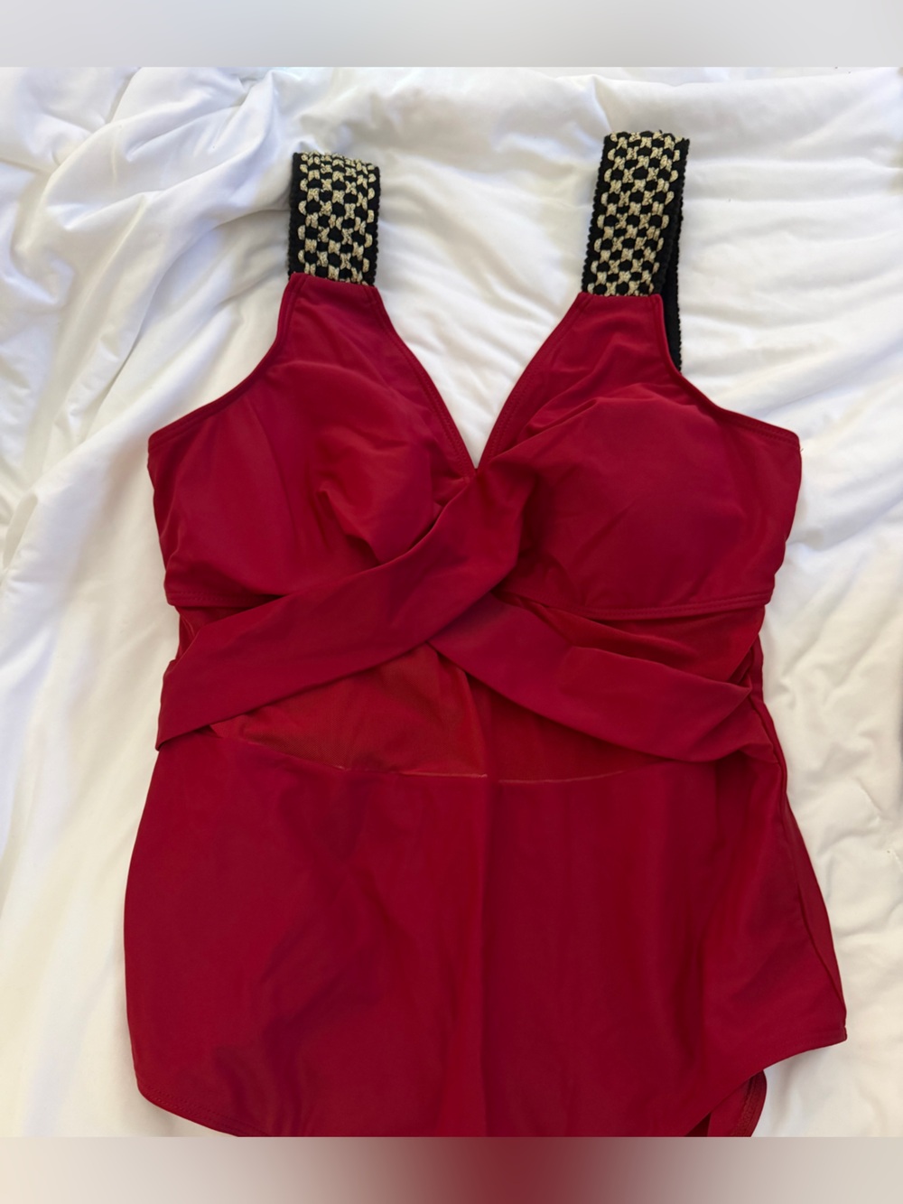 Twist-Front Red One-Piece Swimsuit with Patterned Straps